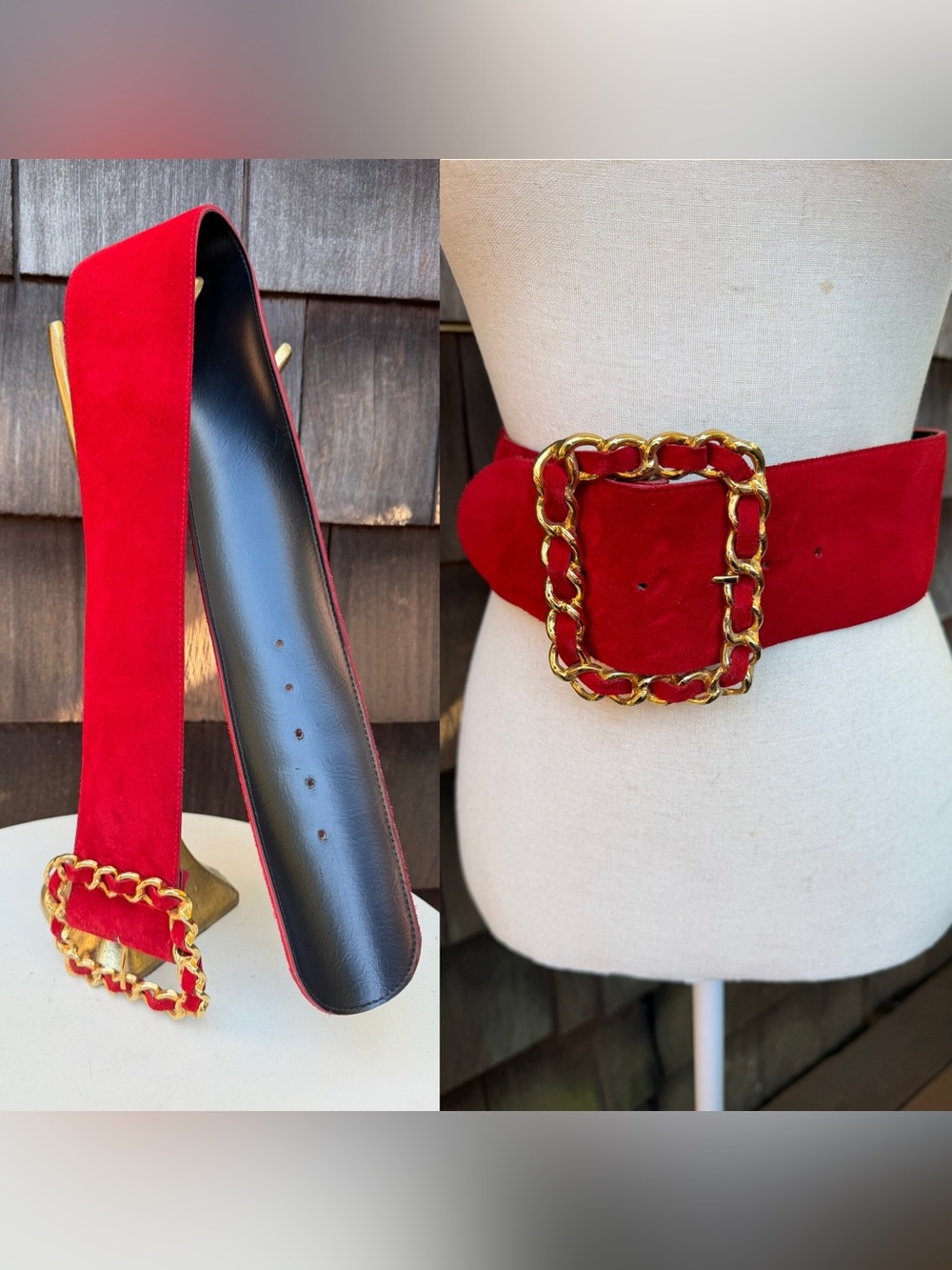 Vintage red suede belt gold braid buckle Sz M The Limited fit 27/31”